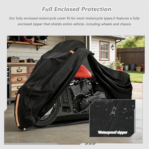 Full Enclosed Motorcycle Cover Waterproof,Heavy Duty 600D Oxford Outdoor Indoor Motorcycle Full Cover with All-Round Enclosed Zipper and Reflective Strips,Fits Most Heavy Duty Scooter Moped Motorcycle - size: 104"W x 43"D x 59"H