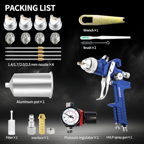 HVLP Gravity Feed Spray Gun with 4 Nozzles 1.4/1.7/2.0/2.5mm - color: Blue