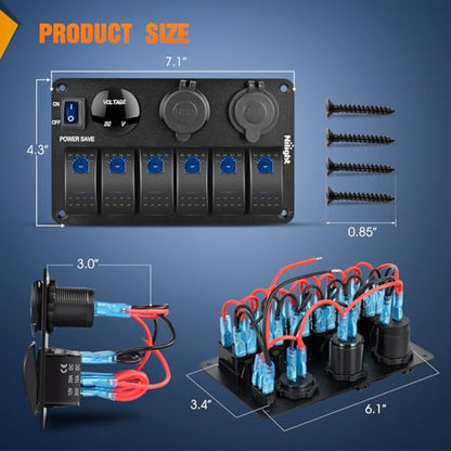 Nilight 6 Gang Rocker Switch Panel Toggle Power Control 12V 24V Pre-Wired - color: Power Control Blue