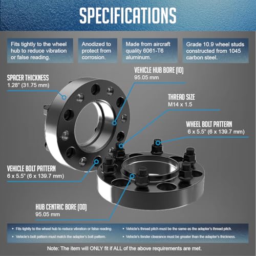 Wheel Accessories Parts 2 Pcs Hub Centric Wheel Spacers Adapters 6x5.5 6x139.7mm 1.25 Inch Thick 95.05mm Hub M14x1.5 14x1.5 Thread Stud Fits Toyota Tacoma Tundra 4-Runner Land Cruiser - size: 1.25" (2 Pack), style: 22+ Tundra 25+ Tacoma (Hub Cebtric)