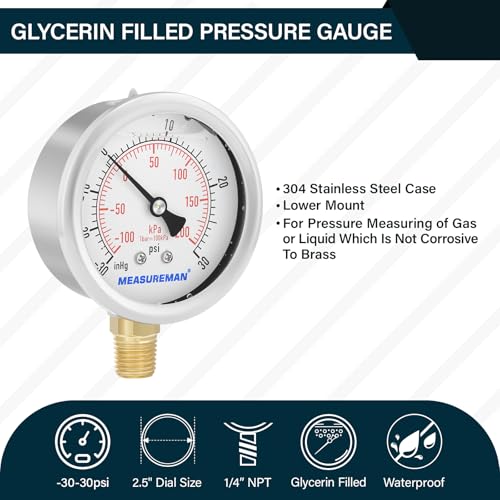 MEASUREMAN 2-1/2" dial,Glycerin Filled, Stainless Steel case, Brass Inside, 30inHg/-100kpa-0-30psi/200kpa,1/4" NPT Lower Mount - size: -14.7-30 psi, style: Lower Mount