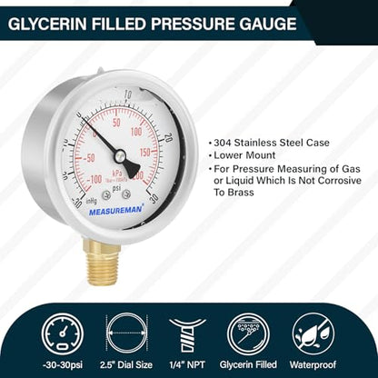 MEASUREMAN 2-1/2" dial,Glycerin Filled, Stainless Steel case, Brass Inside, 30inHg/-100kpa-0-30psi/200kpa,1/4" NPT Lower Mount - size: -14.7-30 psi, style: Lower Mount