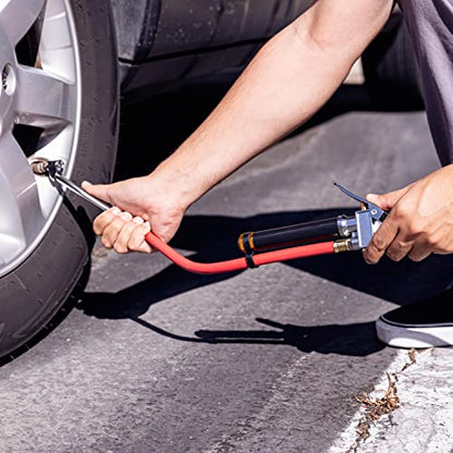 NEIKO 20701A Tire Inflator | 12 Inch | Flexible Air Tire Pressure Gauge | 20 – 120 PSI | 1/4” NPT Offset Dual Head Chuck | Tire Filler with Hose | Aluminum Body and Brass Valves | Stem Valve Caps - size: Tire Inflator
