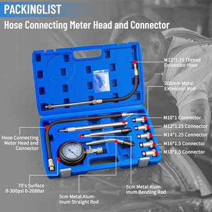 11PC Compression Tester, Automotive Engine Compression Tester Adapter Kit, Engine Cylinder Leak Down Compression Test Motor Pressure Gauge with M10 M12 M14 M16 M18 (All Vehicles)