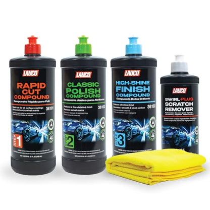 LAUCO 3-Step Kit – Steps 1 2 3 – 32oz, + Swirl Remover – 8oz, with a Towel, Professional Silicone-Free Cutting, Polishing & Finishing Compounds for Scratch Removal, Clear Coat Safe High-Gloss Finish - style: Full Set