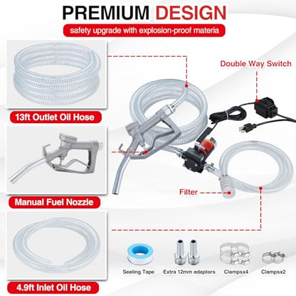 TOPWAY 110V Gasoline Fuel Pump Kit, Self-priming Oil Transfer Pump with Handle, Reversible Pumping, Overheat Protection, Explosion-Proof, Oil Hose, Nozzle for Gasoline Fuel Diesel Kerosene Removal - style: 110V 3.7GPM KIT