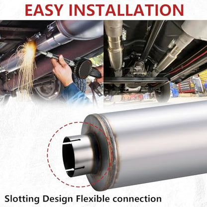 LCGP 4" Exhaust Muffler&Clamp, 4'' Inlet & Outlet, 8" x 24" Body 30" Overall Length Universal Resonator, Performance Straight Through Slotting Design Welded on Exhaust Tip, Stainless Steel Mufflers - size: 4" Inlet 30" Overall Length(8" wide)