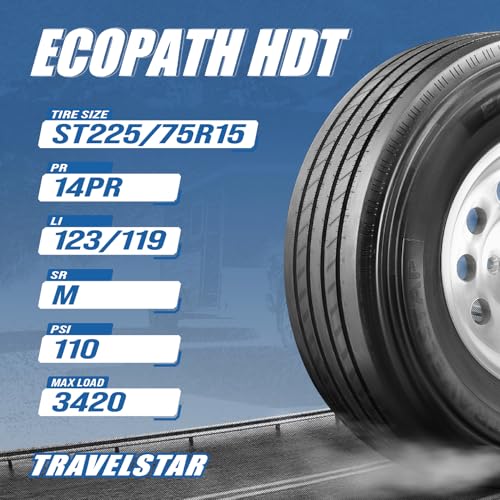 Set of 4 (FOUR) Travelstar Ecopath HDT ST225/75R15 14 Ply 123/119M Load Range G Radial Trailer Tires - Heavy Duty All Steel Construction with 3-Year Road Hazard Warranty (Tire Only) - size: ST225/75R15 14PR