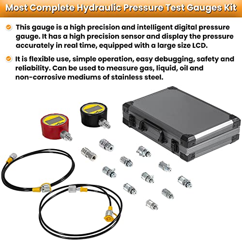 70M Digital Hydraulic Pressure Test Coupling Kit Hydraulic Pressure Gauge Kit for Excavator Construction Machinery 2 Gauges 2 Test Hoses 11 Couplings 700BAR/10000PSI/70Mpa - style: 2 Gauges 11 Test Couplings