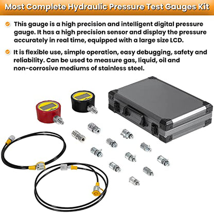 70M Digital Hydraulic Pressure Test Coupling Kit Hydraulic Pressure Gauge Kit for Excavator Construction Machinery 2 Gauges 2 Test Hoses 11 Couplings 700BAR/10000PSI/70Mpa - style: 2 Gauges 11 Test Couplings