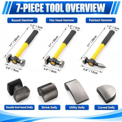 HFS(R) 7-Piece Auto Body Hammer and Dolly Set for Dent and Fender Repair