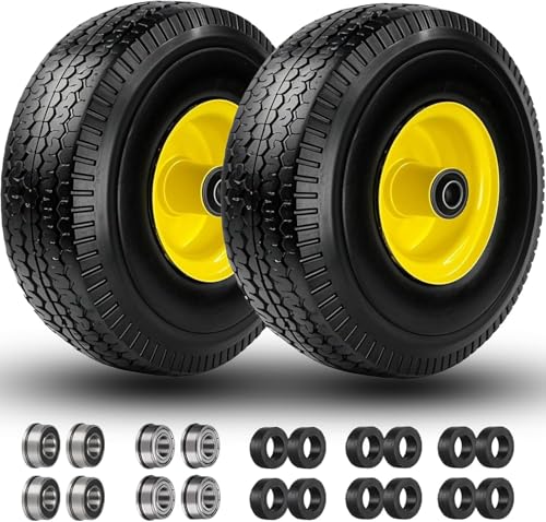 4.10/3.50-4" Tire and Wheel, 10" Solid Tire, 5/8" Bearing with 3/4" & 1/2" Extra Bearings, 4.10/3.50-4 Flat Free Wheels, 2.2" Offset Hub for Hand Truck Garden Wagon Cart Trolley Dolly - 2Pack - color: yellow