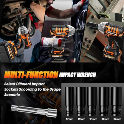 1500N.m Impact Wrench, 1/2" High Torque 1107ft-lbs Cordless Impact Gun with 2 x 4.0Ah Battery, 21V Power Impact Driver with 5 Sockets,LED Light,Electric Impact Truck RV Car Heavy Construction - size: 1500N
