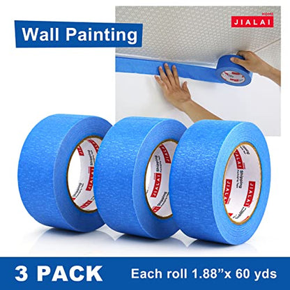 JIALAI HOME 3 Rolls Blue Painters Tape 2 inch Painter Tape Wide Roll, Blue Masking Paint Tape 2 Inches x 60 Yards for General Purpose Walls Painting, Automotive - size: 1.88 Inches x 60 Yards