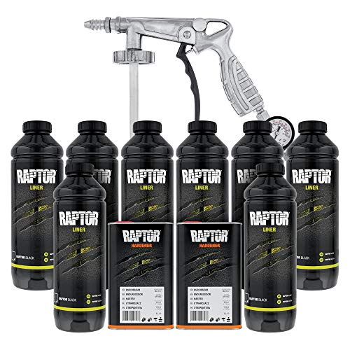 CUSTOM SHOP U-Pol Raptor Black Urethane Spray-On Truck Bed Liner 8 Quart Kit and Custom Coat Spray Gun with Regulator - color: Black, size: 8 Quart Kit