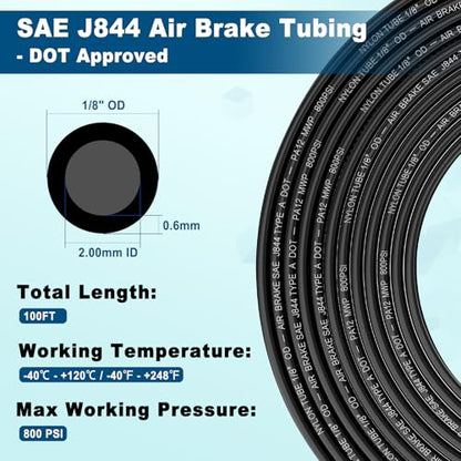 1/8" DOT Air Line, 100FT SAE J844 PA12 Nylon Air Tubing with Cutter - size: 1/8" OD 100FT