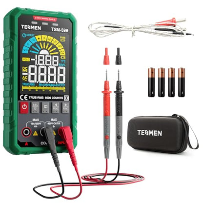 TSM-599 Smart Digital Multimeter, TRMS 6000 Counts, Voltage Tester, Volt Meter with NCV, DC/AC Voltage&Current, Resistance, Continuity, Diode, Capacitance, Hz%, Temperature, Live Wire - Green - size: TSM-599 Auto&Manual Dual Multimeter