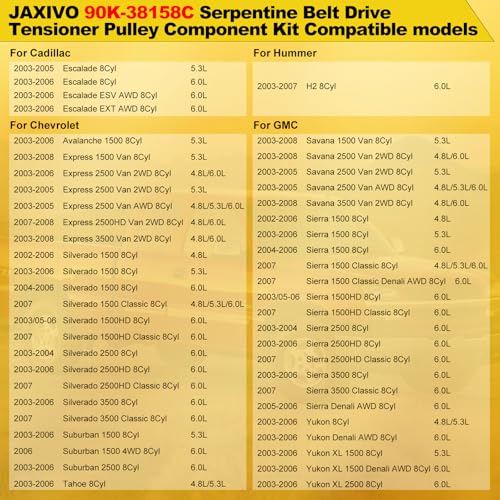 90K-38158C Serpentine Belt Drive Tensioner Pulley Component Kit for 03-06 Suburban Silverado Savana Yukon XL Sierra 1500 2500 3500 Tahoe Escalade ESV EXT,for 03-07 Hummer H2 - size: 90K-38158C