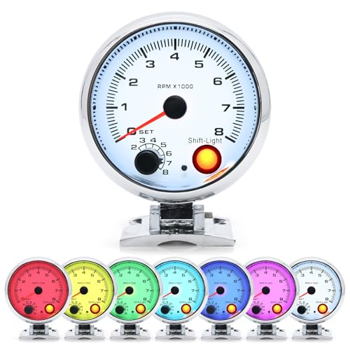 MH 3.75 inch (95mm) Tachometer with Shift Light, 8000 RPM Gauge, 7 Color Backlight Tach AUTO Gauge for 12V Car White Face - color: White