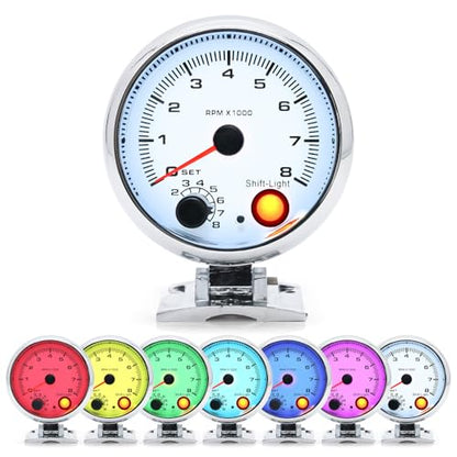 MH 3.75 inch (95mm) Tachometer with Shift Light, 8000 RPM Gauge, 7 Color Backlight Tach AUTO Gauge for 12V Car White Face - color: White
