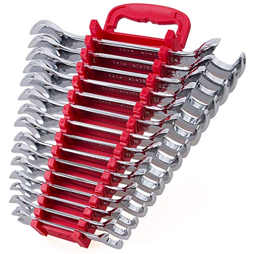 15-Piece Premium Angle Head Open End Wrench Set, Chrome Vanadium Steel, Mirror Chrome Finish | Include Metric Sizes 10, 11, 12, 13, 14, 15, 16, 17, 18, 19, 20, 21, 22, 23, 24mm with Storage Rack - style: Metric 15-Piece Set
