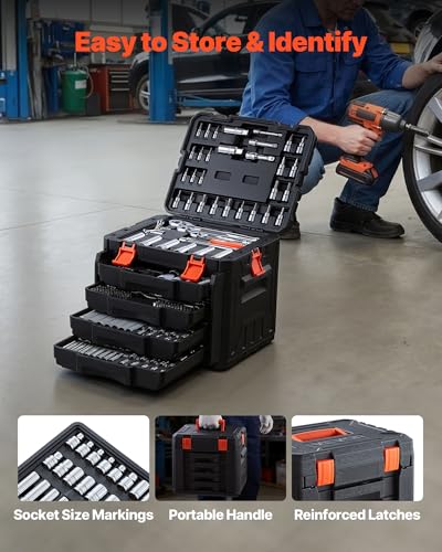 VEVOR Mechanics Tool Set, 297-Piece Mechanic Tool Kit, 1/4 in, 3/8 in, and 1/2 in Drive, SAE and Metric Socket Set, Wrenches, Screwdriver Bits, Accessories, and Storage Case, for Automotive Repair - size: 297-PCS