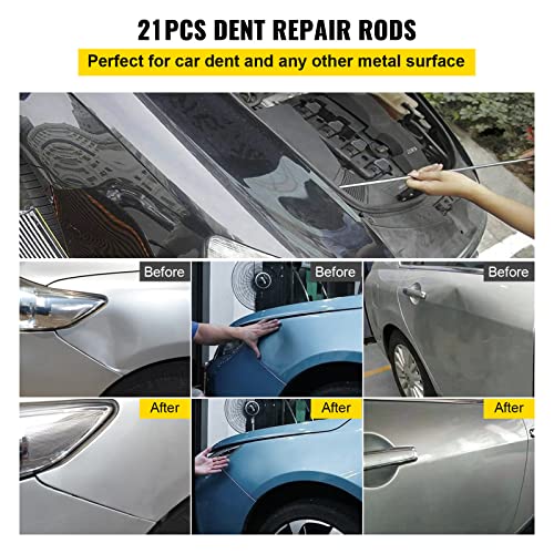 VEVOR Rods Dent Removal Kit, 21 Pcs Paintless Dent Repair Rods, Stainless Steel Dent Rods, Whale Tail Dent Repair Tools, Professional Hail Dent Removal Tool For Minor Dents, Door Dings And Hail Damage - size: 21pcs