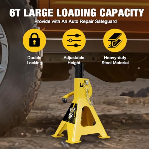 YELLOW JACKET Jack Stands 6 Ton with Double Locking and Large Foot Base for Lifting SUVS, Heavy Duty Steel, 13000 lb Capacity, 1 Pair, Yellow - color: yellow, size: 6 ton double locking and upgraded base