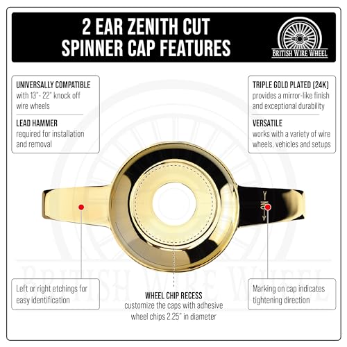 Zenith Style 2 Ear Cut Gold Spinner Cap (Single Left) | Left Side 24K Gold Plated 2 Bar/Wing Straight Knock Off Spinner Cap with Wheel Chip Recess | for Lowriders with Wire Wheels - color: Gold, style: Single Left