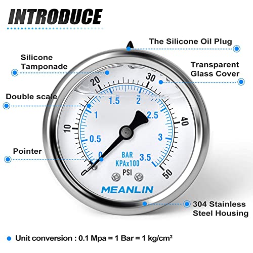 MEANLIN MEASURE 0~50Psi Stainless Steel 1/4" NPT 2.5" FACE DIAL Liquid Filled Pressure Gauge WOG Water Oil Air Center Back Mount, with 1/2" NPT and 1/4" x 3/8" NPT Hex Bushing - size: 0-50Psi