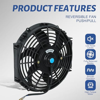 10inch 12V Universal Slim Pull Push Electric Radiator Cooling Fan with Mounting Kit Black - size: 10"