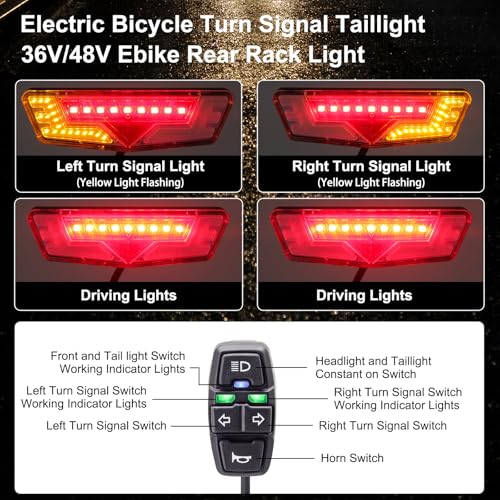 EBike Turn Signals Light Kit, Front Headlight 400 Lumens, Rear Taillight 80mm Hole Spacing (Mounting Bracket to Fit 50mm Rack Holes), Handlebar Control Switch, for E-Bike and Electric Scooter 12V-48V