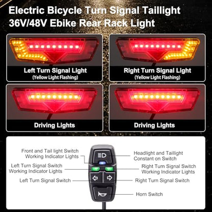 EBike Turn Signals Light Kit, Front Headlight 400 Lumens, Rear Taillight 80mm Hole Spacing (Mounting Bracket to Fit 50mm Rack Holes), Handlebar Control Switch, for E-Bike and Electric Scooter 12V-48V