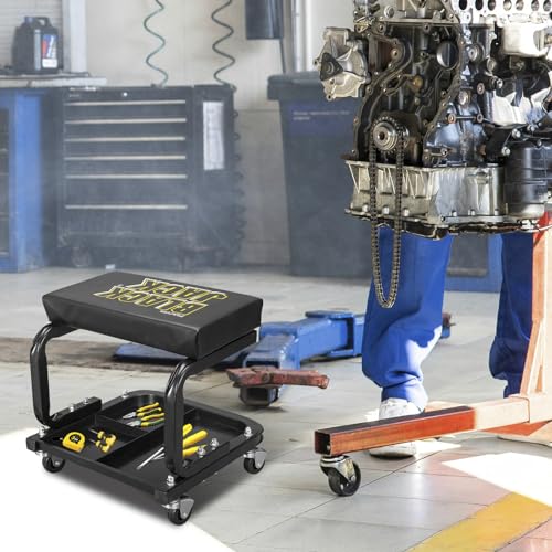 Torin 250lb Rolling Automotive Creeper Garage/Shop Seat: Padded Mechanic Stool with Tool Large Tray Suitable for garages, Repair Shops,Black - size: Medium