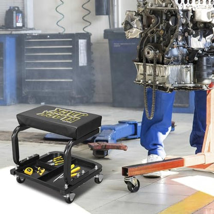 Torin 250lb Rolling Automotive Creeper Garage/Shop Seat: Padded Mechanic Stool with Tool Large Tray Suitable for garages, Repair Shops,Black - size: Medium