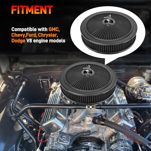 14"x3" High Flow Round Air Cleaner Filter Assembly Kit for V8 Carburetor - color: Black