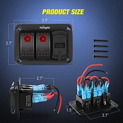 Nilight 2 Gang Rocker Switch Panel with Dual USB Socket Voltmeter - color: Red, size: 3 Gang Dual USB