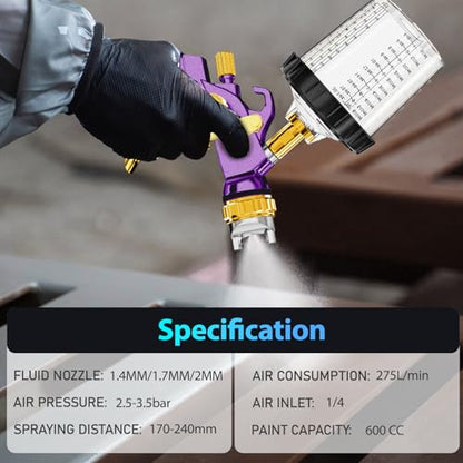 HVLP Air Spray Gun with 1.4/1.7/2mm Nozzles & Air Compressor Regulator, Air Spray Paint Gun w/10pcs 600cc Mixing Cup and Lids, Automotive Paint Sprayer for Car, House Painting, Furniture (Purple) - color: Purple