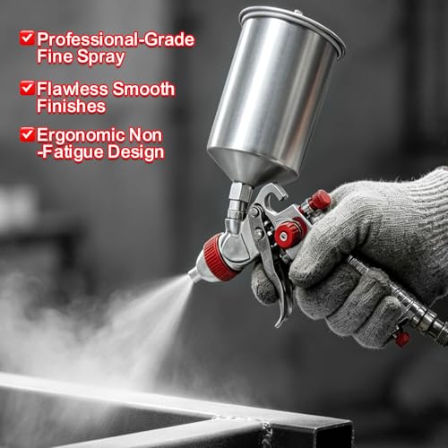 HVLP Spray Paint Gun Kits, Gravity Feed Automotive Paint Gun Kit with 5 Nozzles (1.4, 1.7, 2.0, 2.5, 3.0mm) and 1000cc Aluminum Cup. Suitable for Painting Cars - color: Silver Red
