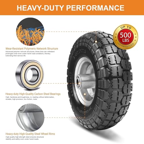 10" Solid Tires, 4.10/3.50-4 Tire and Wheel Flat Free, Gorilla Cart Tires Replacement, 4-Pack Solid Rubber Wheels with 5/8" Axle for Hand Trucks, Wheelbarrows, Dollies, Wagons & Garde (10 Inch 4-Pcs)