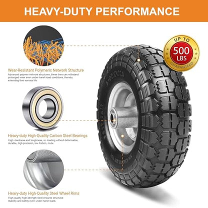 10" Solid Tires, 4.10/3.50-4 Tire and Wheel Flat Free, Gorilla Cart Tires Replacement, 4-Pack Solid Rubber Wheels with 5/8" Axle for Hand Trucks, Wheelbarrows, Dollies, Wagons & Garde (10 Inch 4-Pcs)