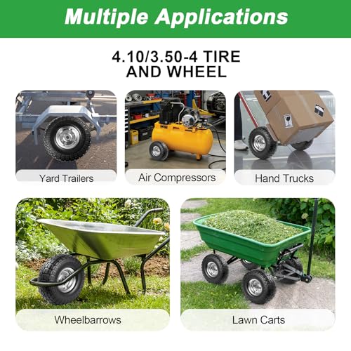 4.10/3.50-4 Tire Wheels Flat Free 10" Heavy Duty Solid Flat-Free Replacement Tire with 5/8 Axle Compatible with Gorilla Carts, Wheelbarrow, Dolly, Hand Truck (2-Pack)
