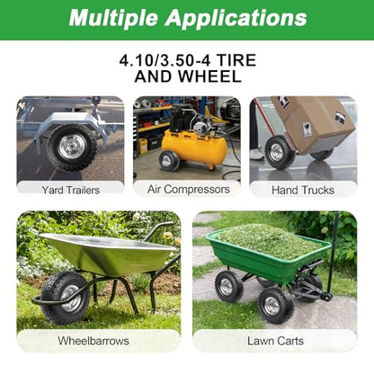 4.10/3.50-4 Tire Wheels Flat Free 10" Heavy Duty Solid Flat-Free Replacement Tire with 5/8 Axle Compatible with Gorilla Carts, Wheelbarrow, Dolly, Hand Truck (2-Pack)