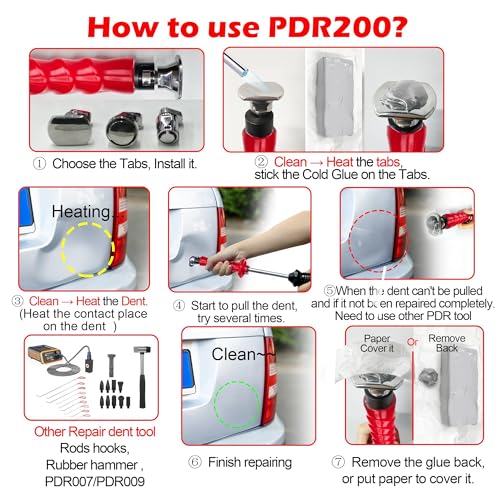 WOYO PDR200 PDR Slide Hammer Dent Puller with Cold Glue & 3pcs Stainless Steels Tabs & Long Tabs Adapter & 2pcs Handle Cover, Car Dent Removal Tool Automotive Repair Dent Kits