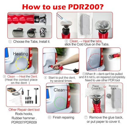 WOYO PDR200 PDR Slide Hammer Dent Puller with Cold Glue & 3pcs Stainless Steels Tabs & Long Tabs Adapter & 2pcs Handle Cover, Car Dent Removal Tool Automotive Repair Dent Kits