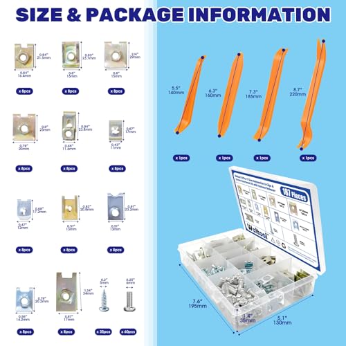 187Pcs 11 Sizes Automotive U-Clips & Screws Assortment Kit with Trim Remover, Clip-On U Clips Fasteners for Bumper Dash Interior Trim Door Body Panel