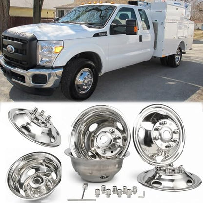 4pcs 17 Anti Rust Wheel Simulators Fit for 2005-2025 Ford F-350 F350, 8 Lug Waterproof Replacements Bolt On Polished Stainless Steel Dually Hubcaps Wheel Covers with Installation Tool Kit - size: 17"#6