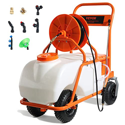 VEVOR Battery Powered 15 Gallon Garden Weed Sprayer with Wheeled Cart, 126FT Hose with Reel, 8 Nozzles, 2 Wands with Lock Trigger, 0-90PSI, 5-6h Spray Time, Wide Mouth Lid, Rotating Wheels with Brake - size: 15 Gal-Custom Bulit Cart