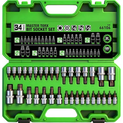 SWANLAKE GARDEN TOOLS 34-Piece Torx Bit Socket Set, Tamper Proof T6-T70, Solid Star Bits Set, Premium CR-V & S2 Alloy Steel Star Socket Sets, Torque Bit Sets with Storage Case - style: 34-Piece Torx Bit Socket