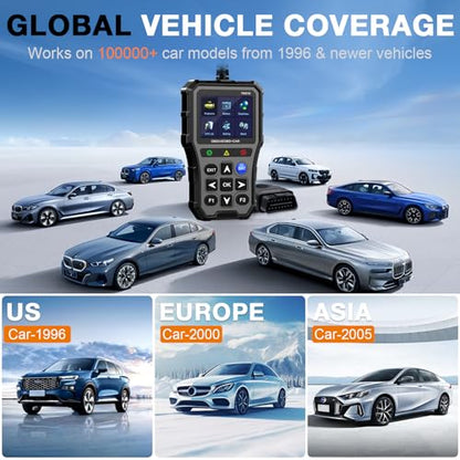 AMTIFO OBD2 Scanner with Battery Tester - Check Engine Light & Emissions Readiness, Plug & Play, Battery Health, Real-Time Date, Car Code Reader, Support All OBD II Vehicles